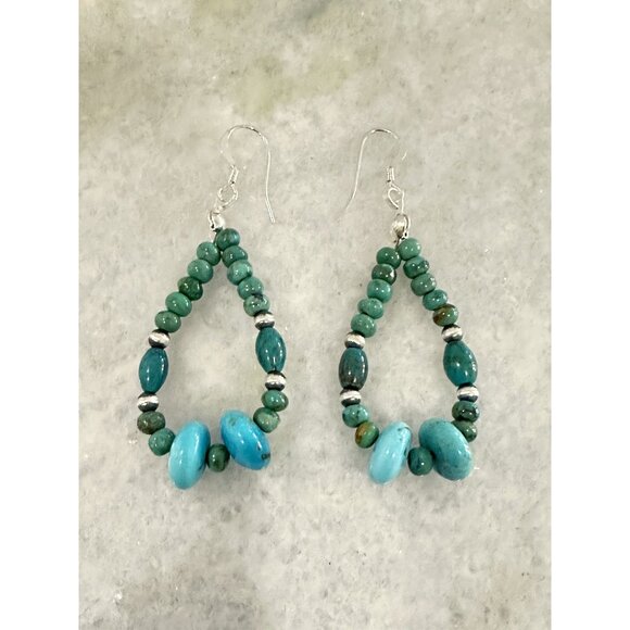 Handmade Native American Genuine Turquoise & 925 Silver Navajo Pearl Earrings - Picture 1 of 8